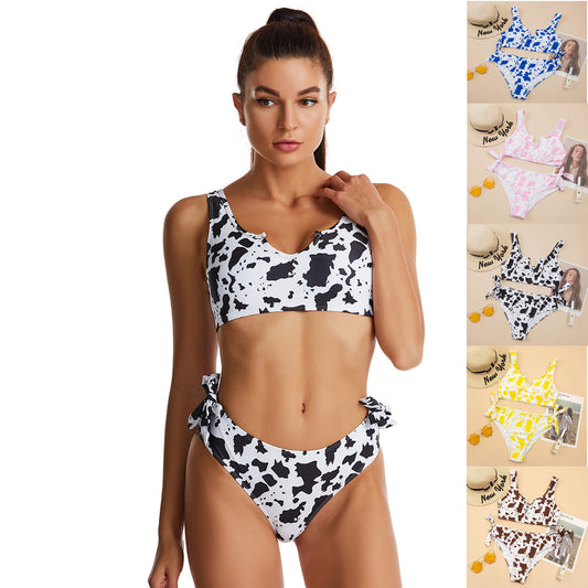 Split Cow Print Bow Bikini Swimsuit Women